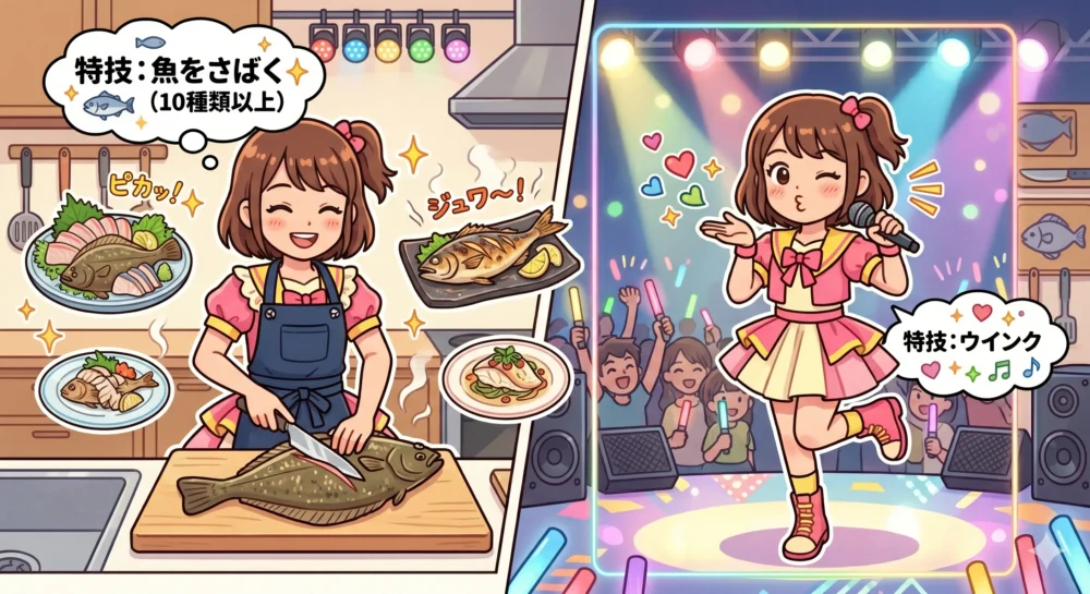 アイドル花田藍衣の多彩な魅力:魚をさばく特技とウインク