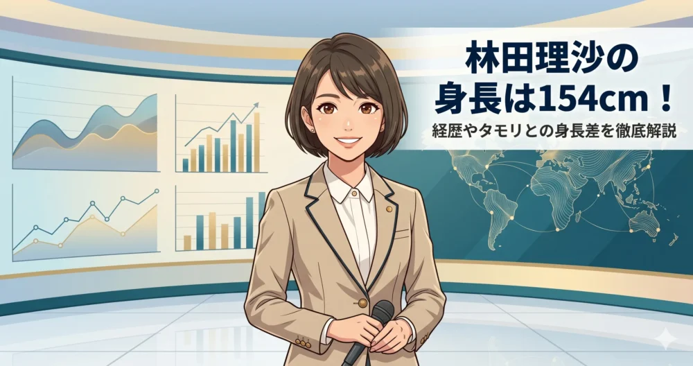 テレビ画面の中で姿勢正しく知的な存在感を放つ小柄な女性キャスターのイラスト
