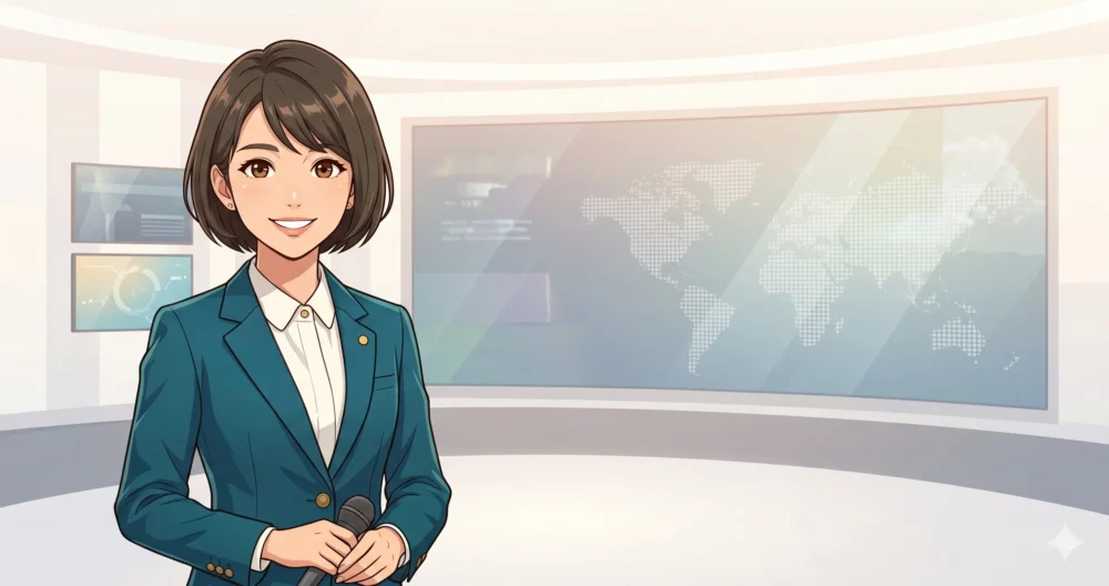 知的な雰囲気で笑顔を見せる小柄な日本人女性アナウンサーのイラスト(プロフィールイメージ)