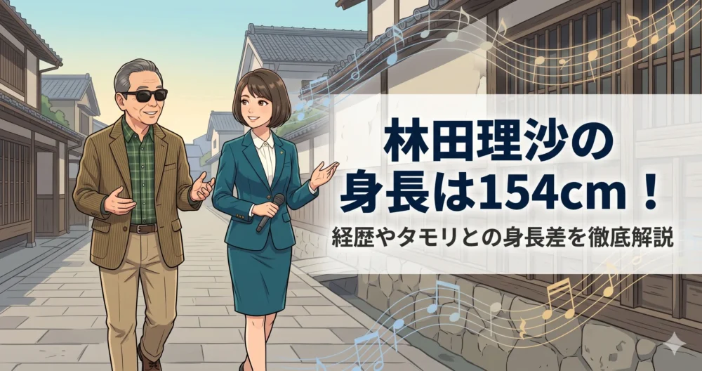 身長161cmのサングラスをかけた男性司会者と154cmの小柄な女性アナウンサーが街歩きロケをしている身長差の比較イラスト