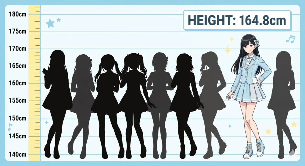女性アイドルの身長比較を分かりやすく表したシンプルなインフォグラフィック図解。164.8cmの高さが際立っている
