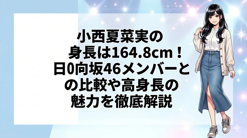 「小西夏菜実の身長は164.8cm!日向坂46メンバーとの比較や魅力を徹底解説」という日本語タイトルが入った、スタイル抜群の女性アイドルのアイキャッチ画像
