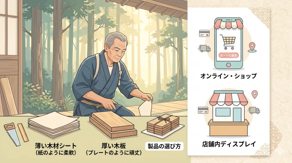 用途に合わせた経木の厚みの選び方と、ネット通販や店舗での購入方法をイメージしたイラスト