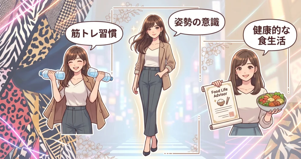井桁弘恵さんのスタイル維持の秘訣(筋トレ、姿勢、食生活)を表すイラスト