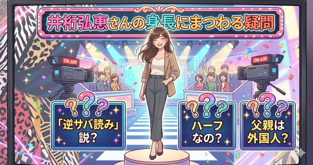 井桁弘恵さんの身長に関する疑問を解説するクイズ番組風イラスト