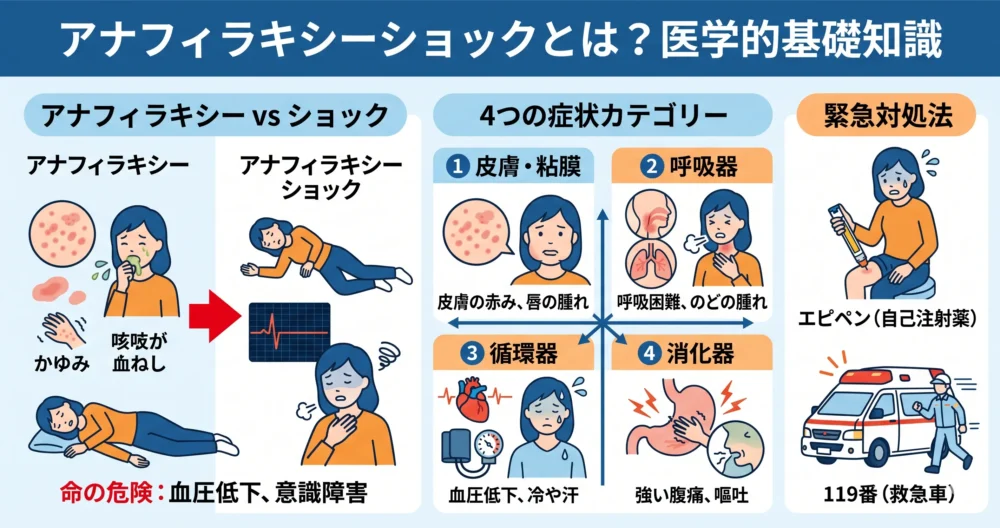 アナフィラキシーショックとアナフィラキシーの違い、症状（皮膚、呼吸器、循環器、消化器）、緊急対処法を解説する図解イラスト。