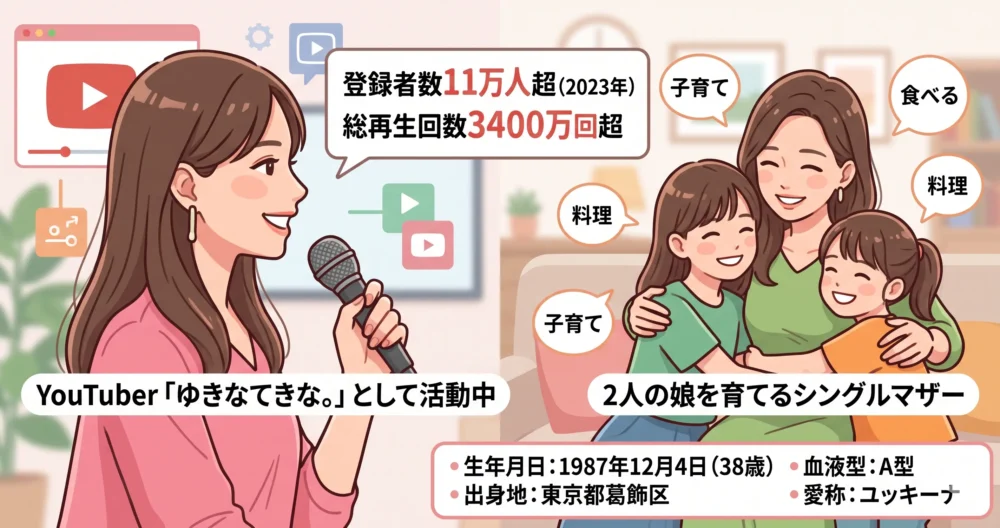 元タレントで現在YouTuber「ゆきなてきな。」として活動する木下優樹菜さんのプロフィールと、2人の娘を育てるシングルマザーとしてのイラスト。