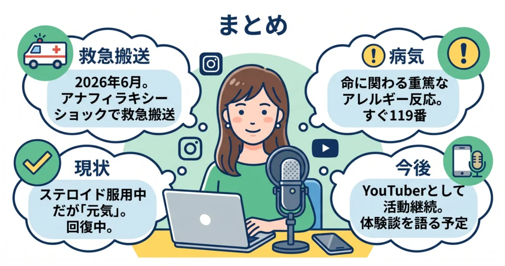 木下優樹菜さんのアナフィラキシーショック救急搬送と、病気の内容、原因、現在の回復状況とYouTuberとしての活動の要点をまとめたイラスト。