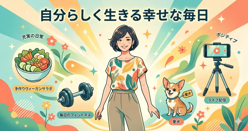 ヴィーガン料理、筋トレ、愛犬との生活など、自分軸で充実した独身生活を送る女性のライフスタイルイラスト。