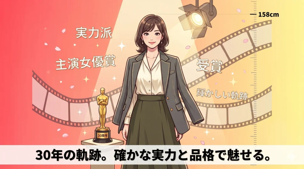 30年以上のキャリアを誇り、アカデミー賞最優秀主演女優賞のトロフィーを前に微笑む実力派女優のイメージイラスト