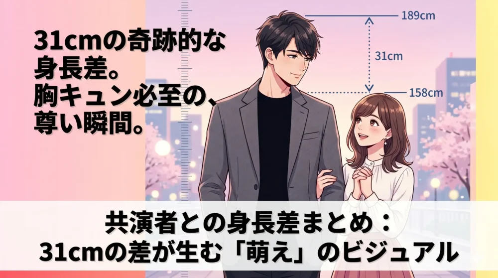ドラマのワンシーンをイメージした、高身長の男性俳優と小柄な女性女優の胸キュンする31cmの身長差イラスト