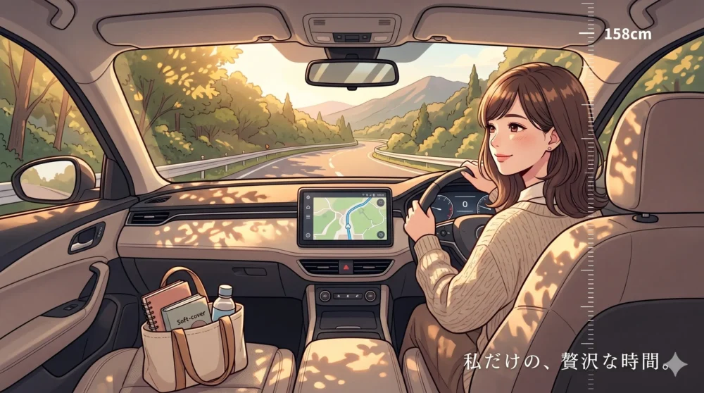 プライベートの時間を大切にしながら、一人で趣味のドライブを楽しむ大人の女性のイラスト