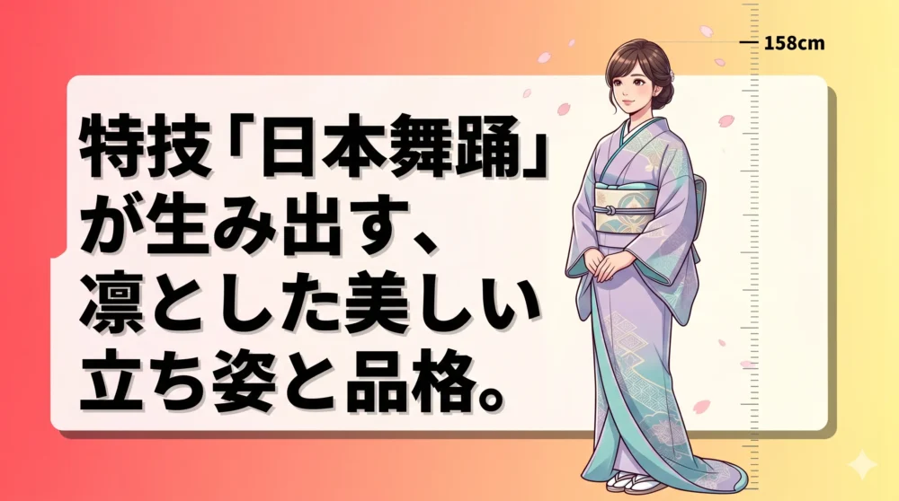 日本舞踊の経験を活かした、凛とした美しい立ち姿の着物姿の日本人女性イラスト