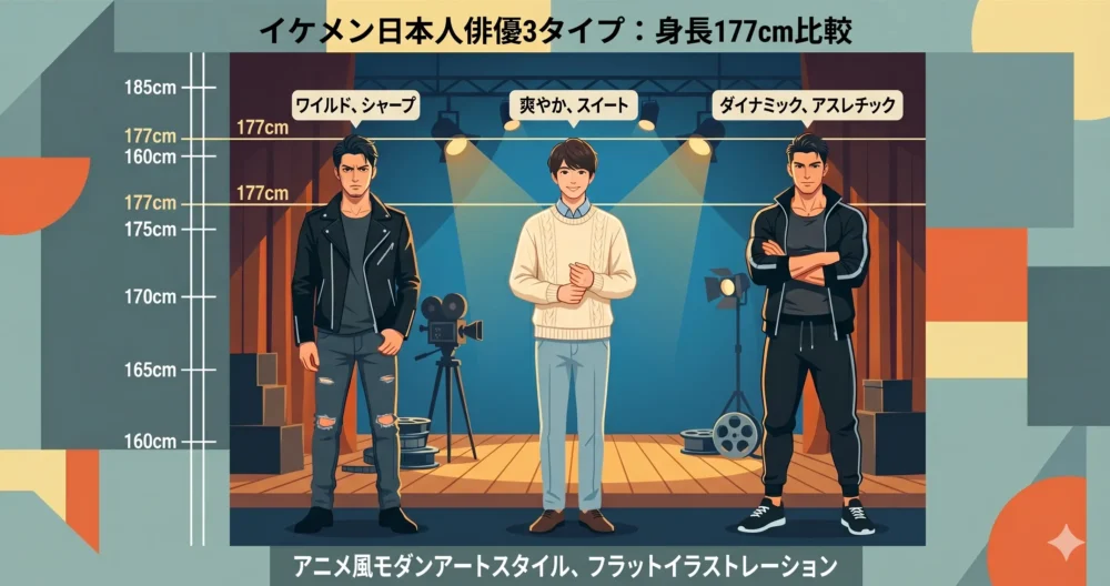 同じ身長177cmを持つ、異なるタイプ(硬派・甘いマスク・がっしり体型)の男性俳優たちの並び順をイメージしたイラスト。