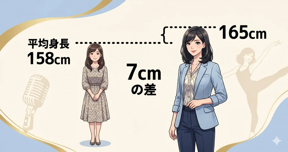 日本人女性の平均身長(158cm)と165cmの女性アナウンサーの身長差をわかりやすく表した比較図解イラスト