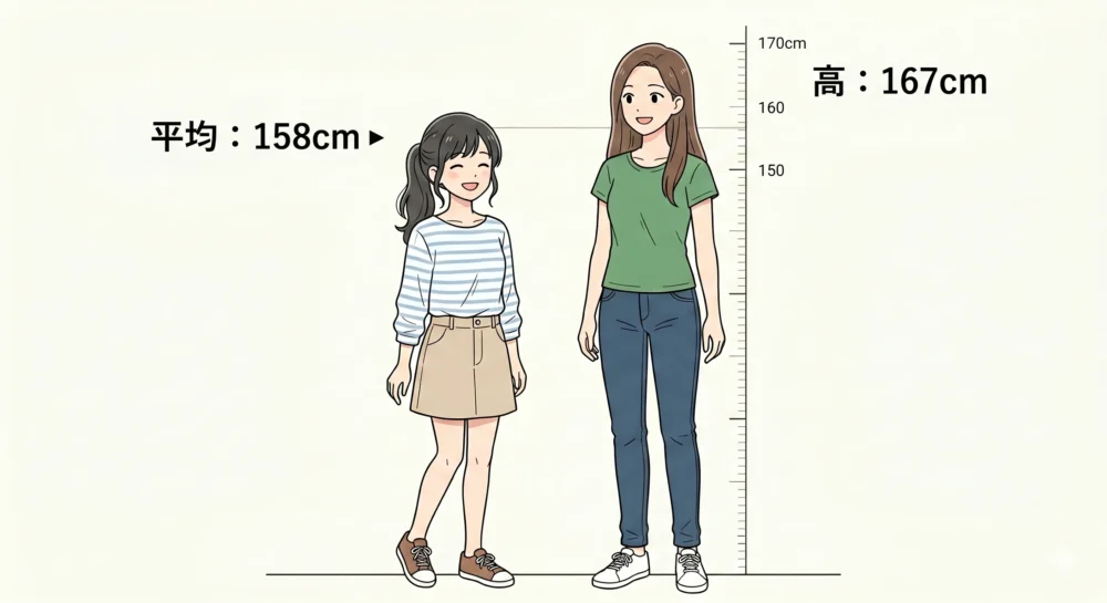 日本人女性の平均身長158cmと、高身長な167cmの女性の身長差を分かりやすく並べて比較したイラスト