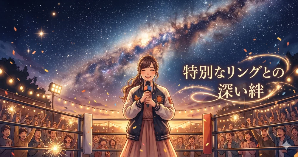 天の川と星空をモチーフにしたプロレスイベントで、3年連続リングアナウンサーを務める女性のイラスト