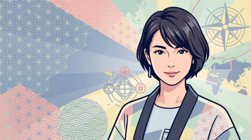 河合優実の国籍とハーフのルーツについて解説するイラスト。多様なアイデンティティを表現したデザイン。