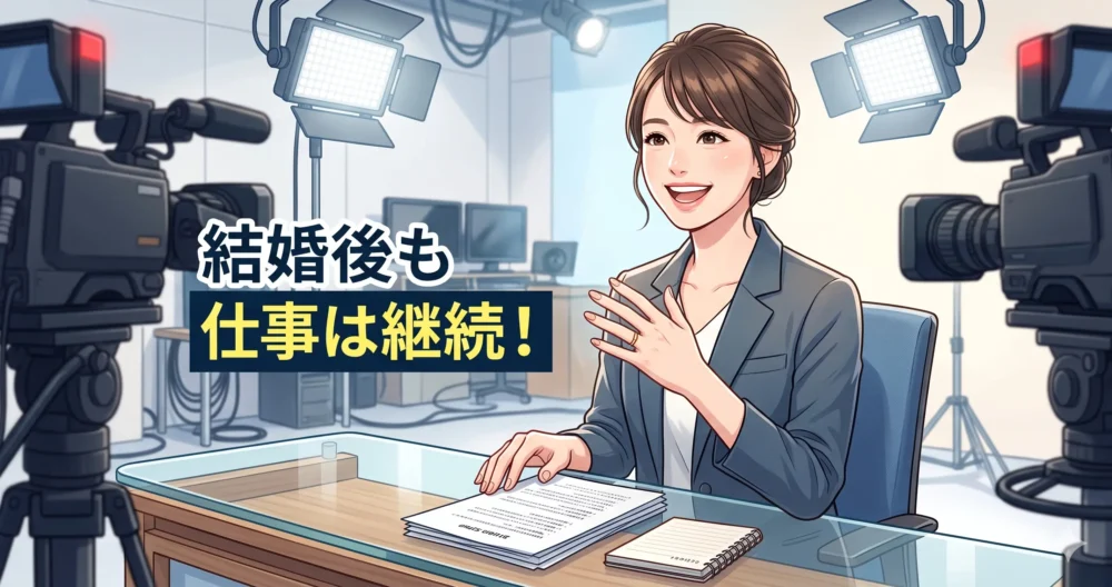 結婚指輪をはめながら、カメラやマイクの前で笑顔でお仕事（芸能活動）を続ける女性タレントのイラスト