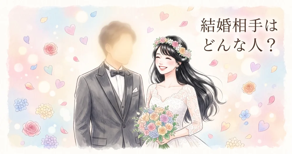 幸せそうな元アイドル女性と、シルエットで描かれた一般男性の旦那さんのウエディングイラスト
