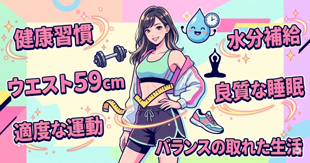 ウエスト59cmの美しいくびれスタイルを持つ女性と、大好物の手羽先やラーメンが描かれたポップなイラスト