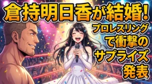 「倉持明日香がプロレスリング上で結婚発表！」の文字と、マイクを持つ笑顔の元アイドル、祝福する伝説のレスラーをイメージした華やかなアイキャッチイラスト
