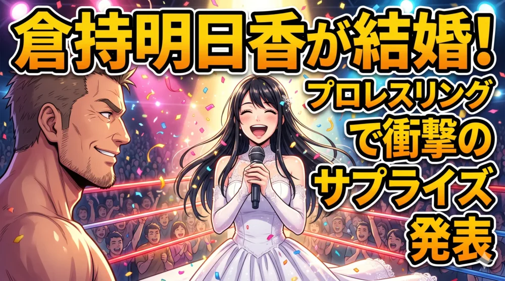 「倉持明日香がプロレスリング上で結婚発表！」の文字と、マイクを持つ笑顔の元アイドル、祝福する伝説のレスラーをイメージした華やかなアイキャッチイラスト