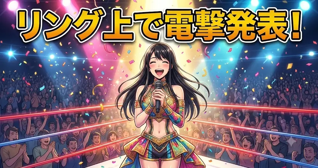プロレスのリング上でマイクを持ち、笑顔で結婚を発表する元アイドルの女性リングアナウンサーのイラスト