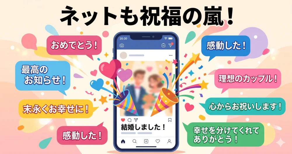 スマートフォンの画面に映し出される、たくさんの「いいね」や「おめでとう！」という温かい祝福コメントのイラスト