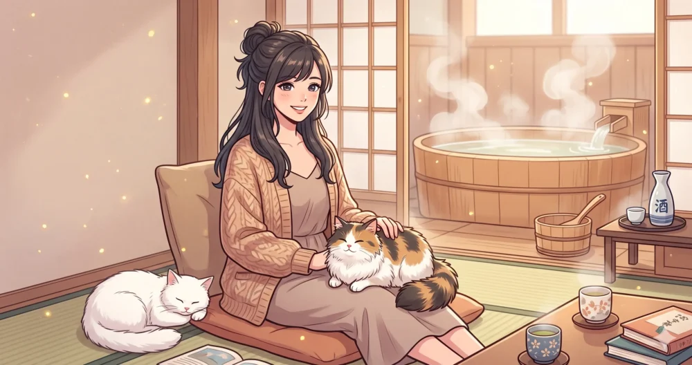 2匹の愛猫（しろみ、うに）に囲まれてリラックスし、日本酒風呂のセルフケアを行う女性の癒やしイラスト