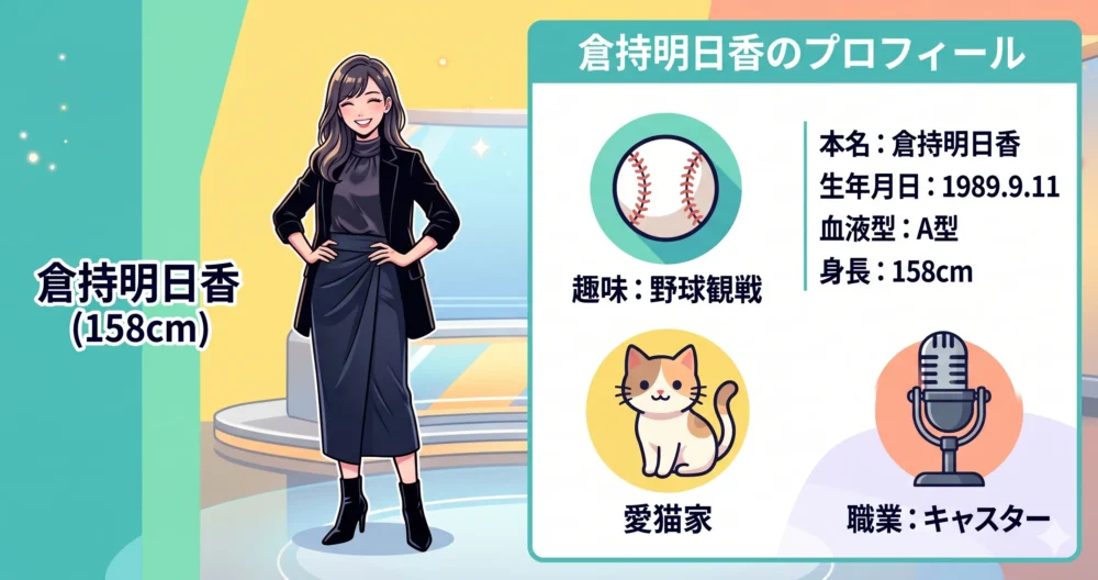 元プロ野球選手の父を持つ野球家系のDNAと、猫好きのライフスタイルを表現した女性のプロフィールイメージ図解