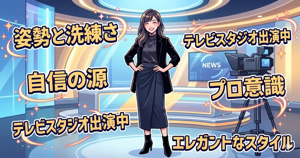 抜群の姿勢の良さとカメラ映えする立ち振る舞いで、身長以上に高身長に見せる女性キャスターのイラスト