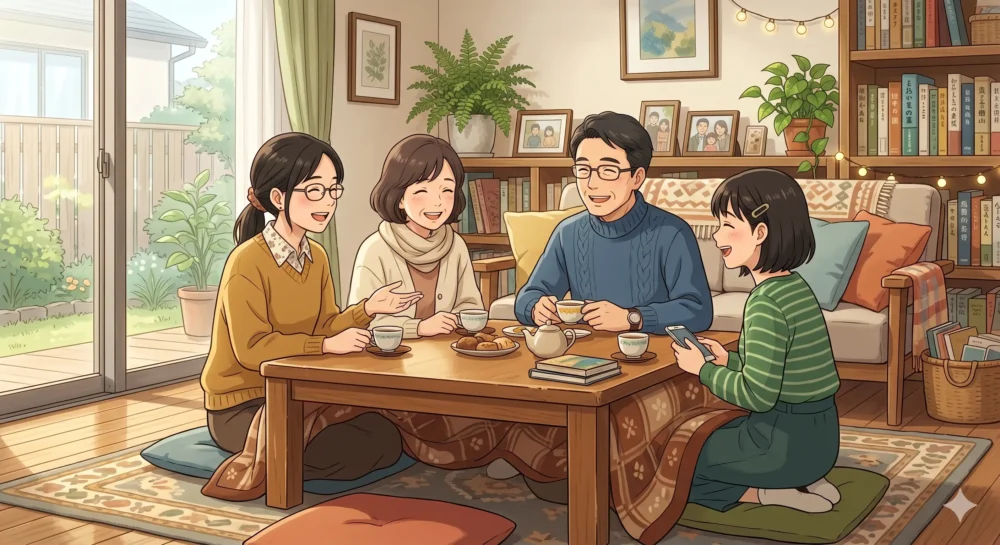 桑子真帆の家族構成(父・母・姉)をイメージした、知的で温かみのある日本の4人家族の団欒イラスト