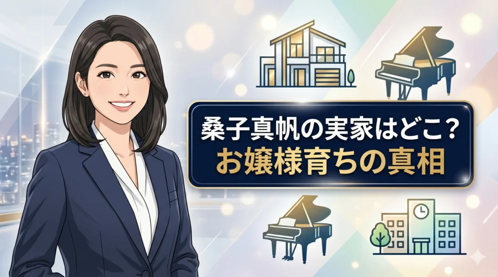 「桑子真帆の実家はどこ？お嬢様育ちの真相」の文字が入った、知的な女性アナウンサーとお嬢様育ちの背景をイメージしたブログアイキャッチ画像