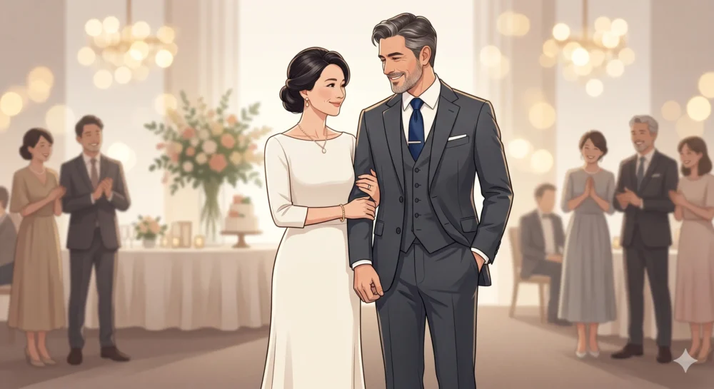 桑子真帆アナウンサーと俳優・小澤征悦さんの格式高い結婚をイメージした、上品な大人のカップルのイラスト