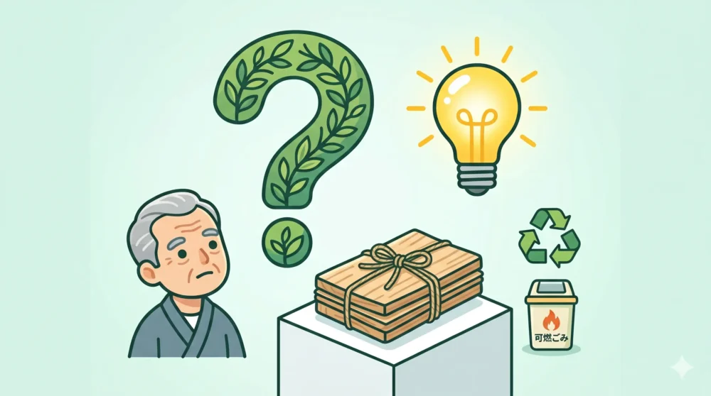 経木(きょうぎ)の再利用や捨て方に関するよくある疑問(Q&A)を解決するイラスト
