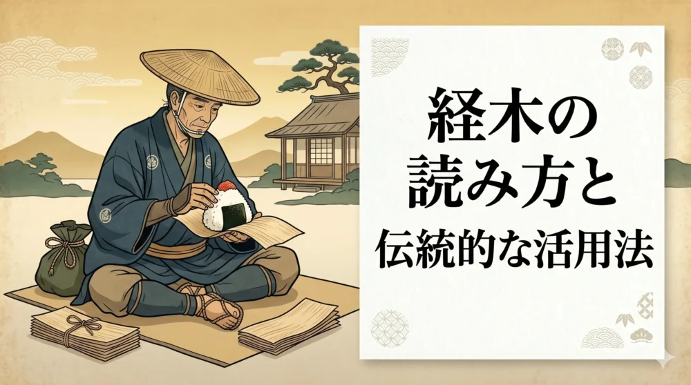 奈良時代から続く経木の歴史をイメージした、おにぎりを薄い木の板で包む昔の日本人の和風イラスト