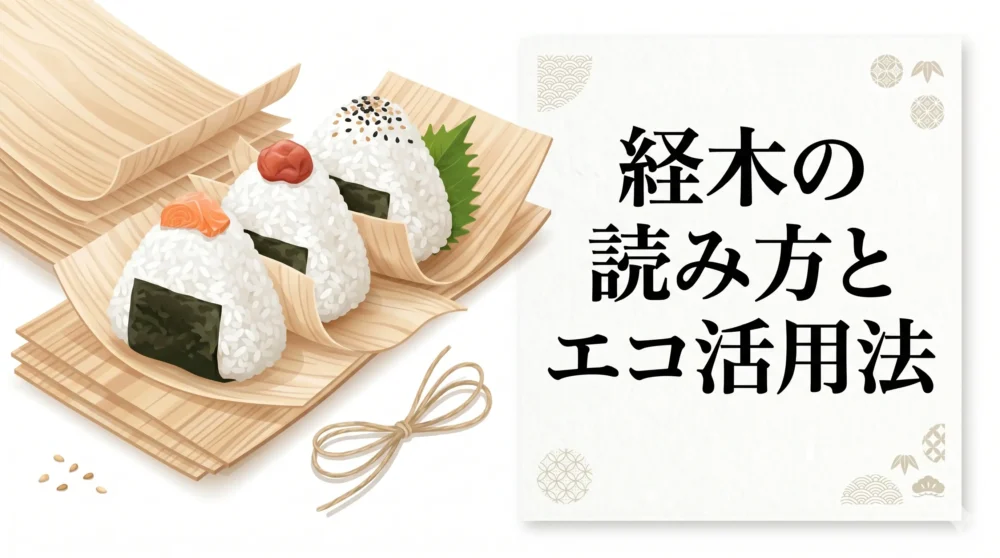 スギやヒノキから作られた、紙のように薄くしなやかな日本の伝統包装材「経木(きょうぎ)」のイラスト