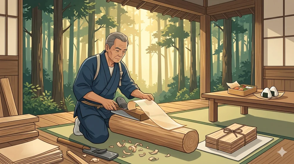 林業が盛んな地域で、良質な杉や檜から経木を削り出す日本の熟練職人のイラスト