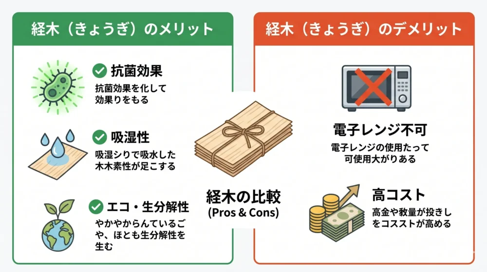 経木(きょうぎ)のメリット(抗菌・吸湿・環境配慮)とデメリット(電子レンジ不可・コスト)をまとめた分かりやすい図解