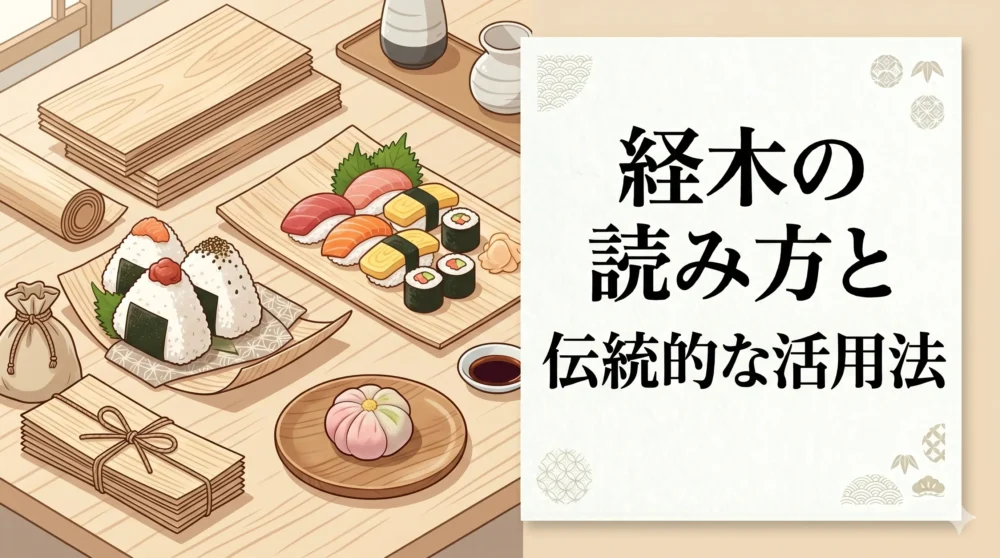 おにぎりや寿司、和菓子の包装や盛り付けに活用される経木(きょうぎ)の用途イラスト