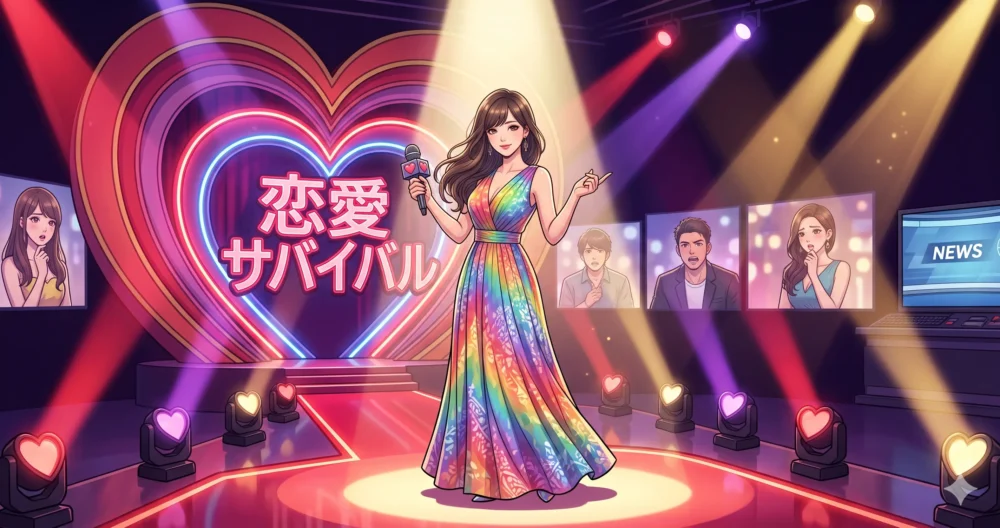 恋愛サバイバル番組の豪華なステージで、堂々と自分の本音を語る女性出演者のイラスト。