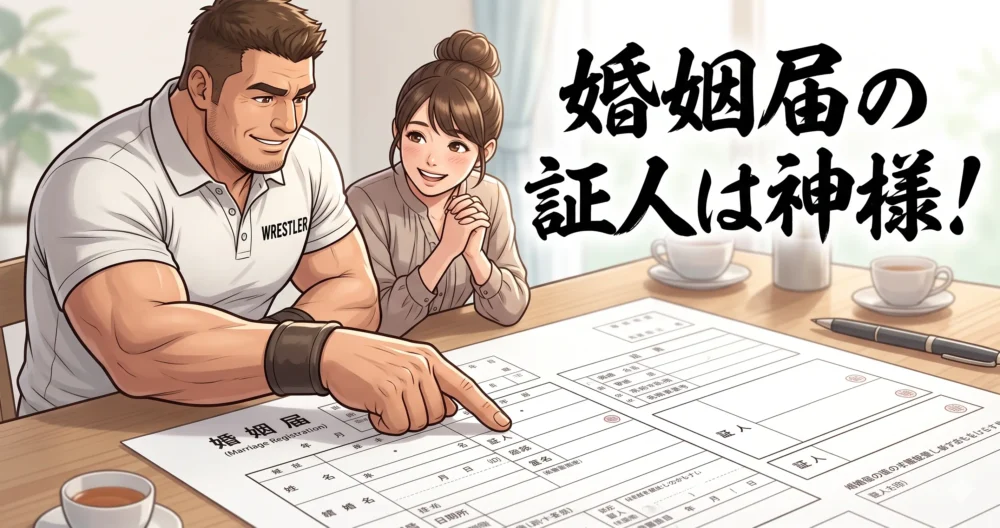 婚姻届の「証人」の欄を指さす、たくましい体つきの伝説的プロレスラー風の男性と喜ぶ女性のイラスト