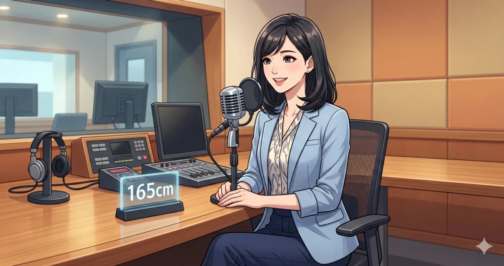 ラジオ番組のマイクの前で笑顔で話す、身長165cmのスタイル抜群な日本人女性フリーアナウンサーのイラスト