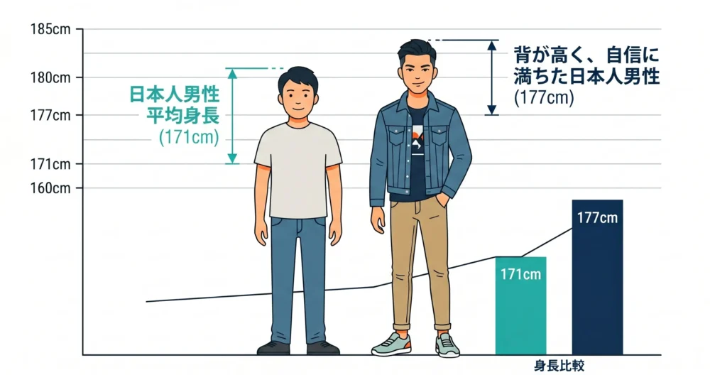 身長177cmと日本人男性の平均身長(171cm)の差を分かりやすく比較した図解イラスト。