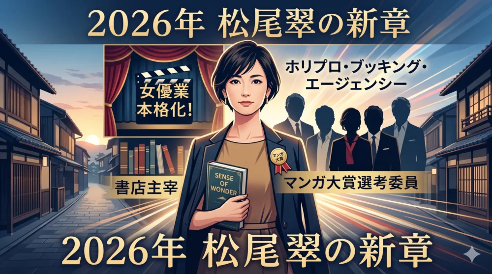 2026年の松尾翠の活躍を描いたイラスト。ホリプロ・ブッキング・エージェンシーへの移籍と女優業への本気、書店主宰など多才な一面を表現。