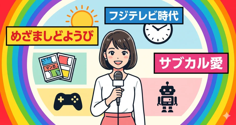 「めざましどようび」などの番組や、アニメ・ガンダムなどのサブカルチャーを愛するアナウンサーとして活躍した若い頃をイメージしたポップなイラスト