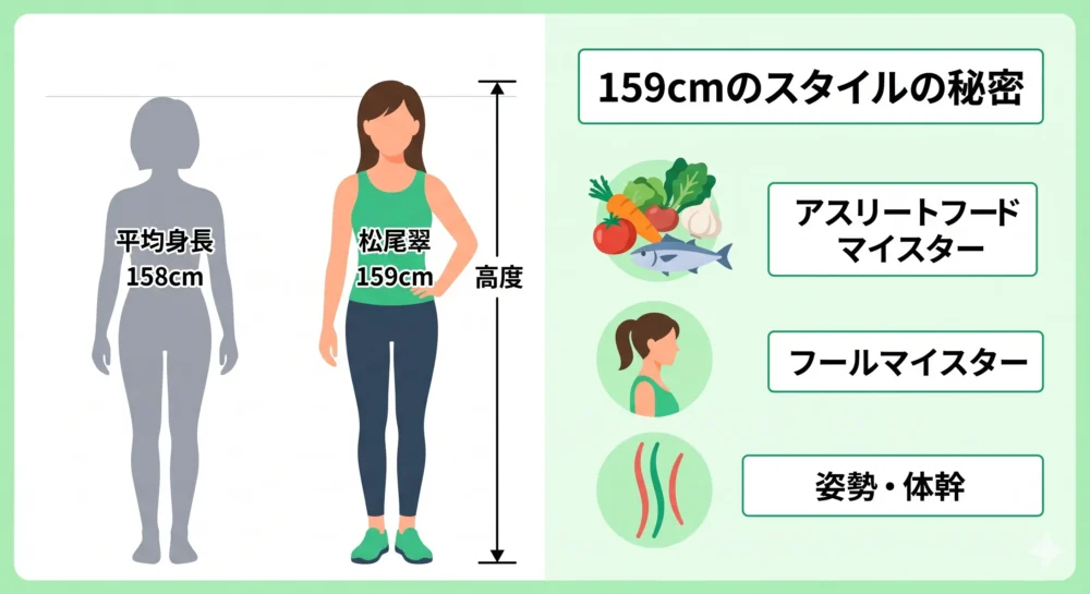 身長159cmの女性のスタイルバランスと、アスリートフードマイスター資格による食事管理・正しい姿勢を表現した健康的な図解イラスト