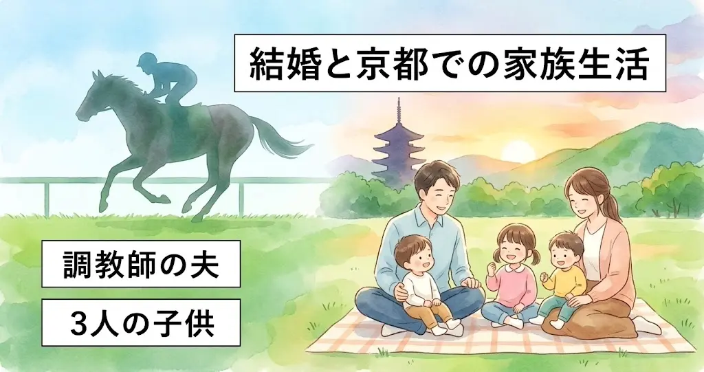 松尾翠と福永祐一の結婚と京都での家族生活をイメージしたイラスト。競馬場での出会い、3人の子供、京都での幸せな様子を表現。