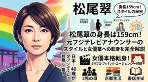 松尾翠の魅力（身長159cm、元アナウンサー、女優転身）を詰め込んだ、誰もがクリックしたくなるアイキャッチ画像。